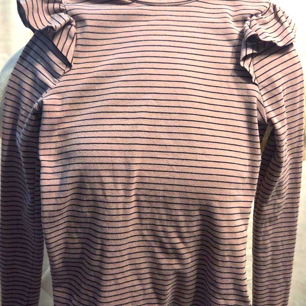 striped, long-sleeve mock-neck top with ruffle-detailed shoulders top